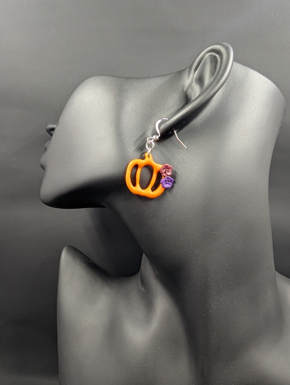 Handmade Orange Pumpkin & Purple Flower Dangle Earrings